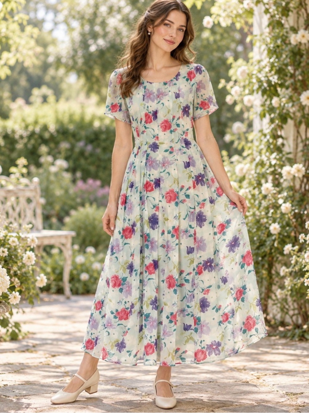 Vintage Floral A-line Dress Cottagecore feminine M 8 Romantic Sheer Pastel Flowy